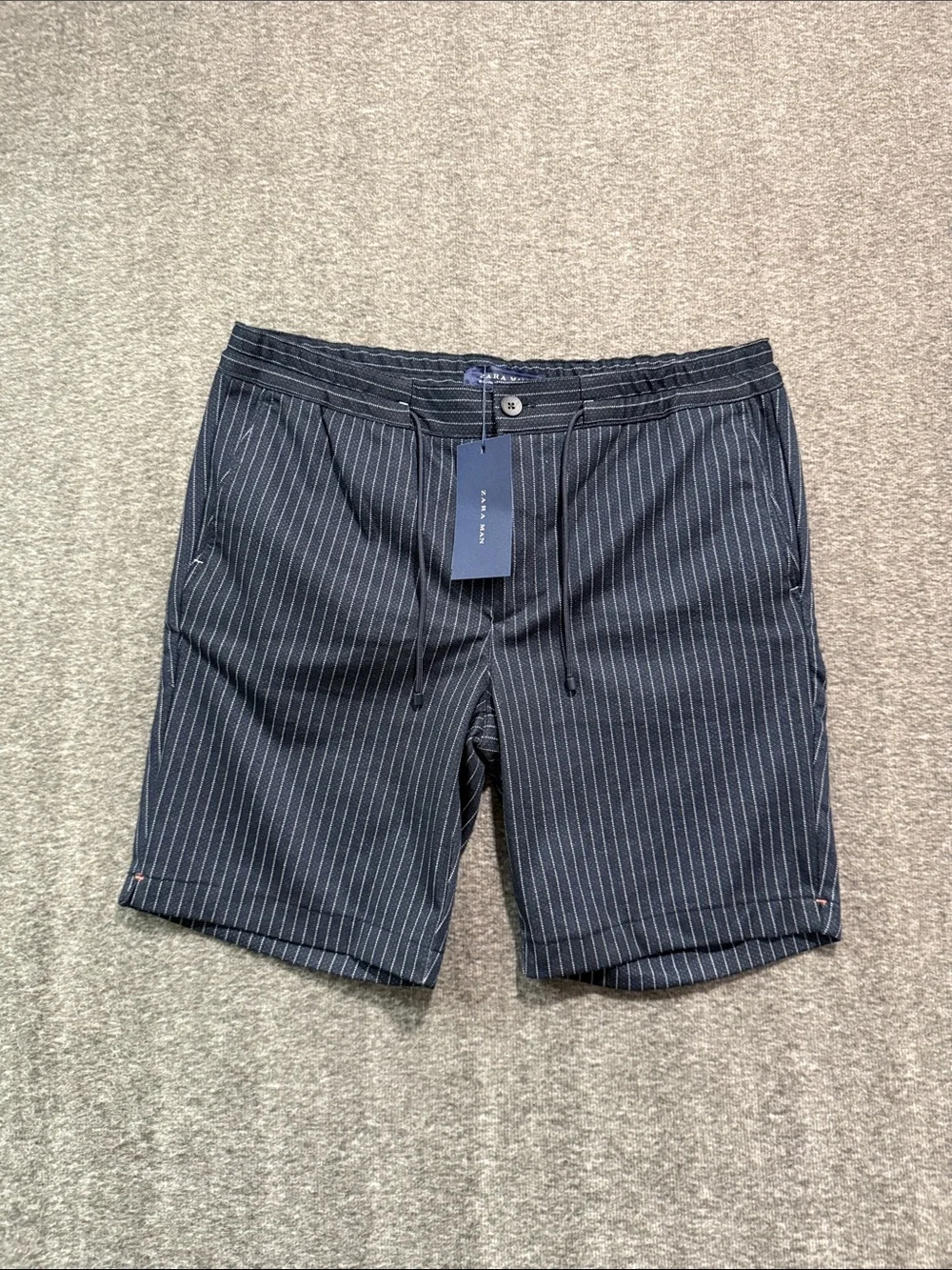Zara Man‎ Mens Navy Blue Pinstripe Drawstring Shorts Size L Summer Casual NWT